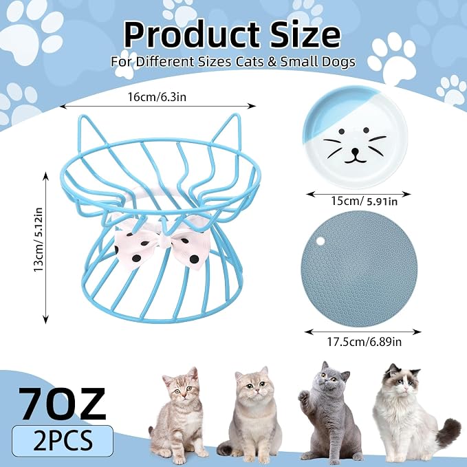 Set of 2 Elevated Ceramic Cat Dishes, Pink & Blue | Pink & Blue Set Detachable Bowls Elevated Design Whisker Friendly Non-Slip Pads - Image 2