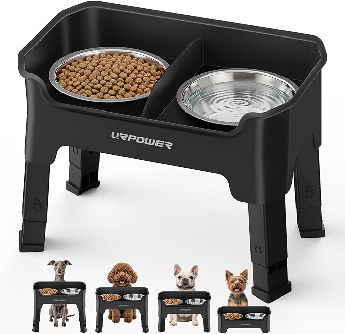 URPOWER Mess Proof Elevated Dog Bowls for Small Dogs with Splash Guard | 4 Height Adjustable Raised Stand with 2 Stainless Steel Food Bowls & Licking Plate for Small, Medium & Large Dogs by URPOWER