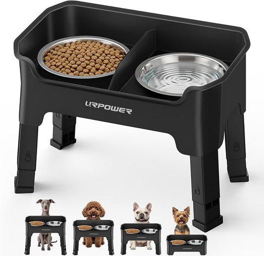 URPOWER Mess Proof Elevated Dog Bowls for Small Dogs with Splash Guard | 4 Height Adjustable Raised Stand with 2 Stainless Steel Food Bowls & Licking Plate for Small, Medium & Large Dogs by URPOWER