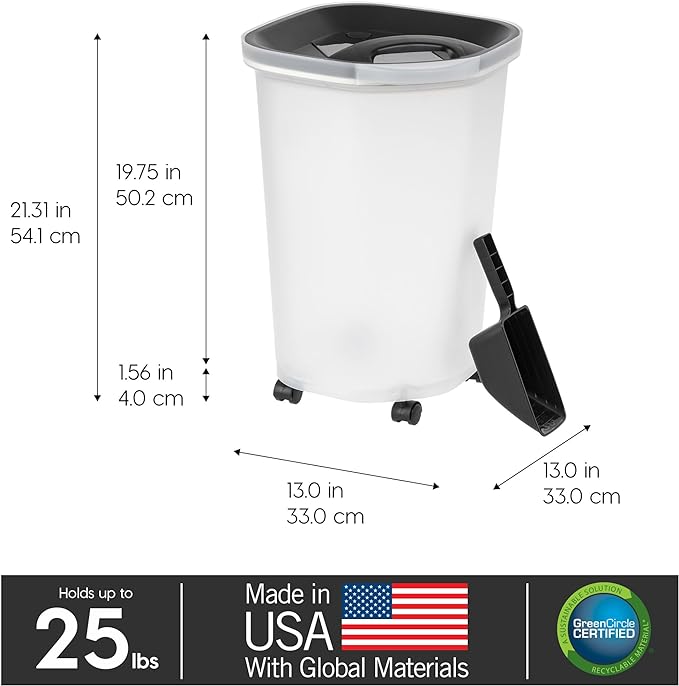 IRIS USA Pet Food Storage Container 25 lbs, Premium 60% Improved Airtight Seal with Air Valve, 2 Cup Scoop, Removable Wheels, Easy to Open - Made in the USA, Black - Image 2