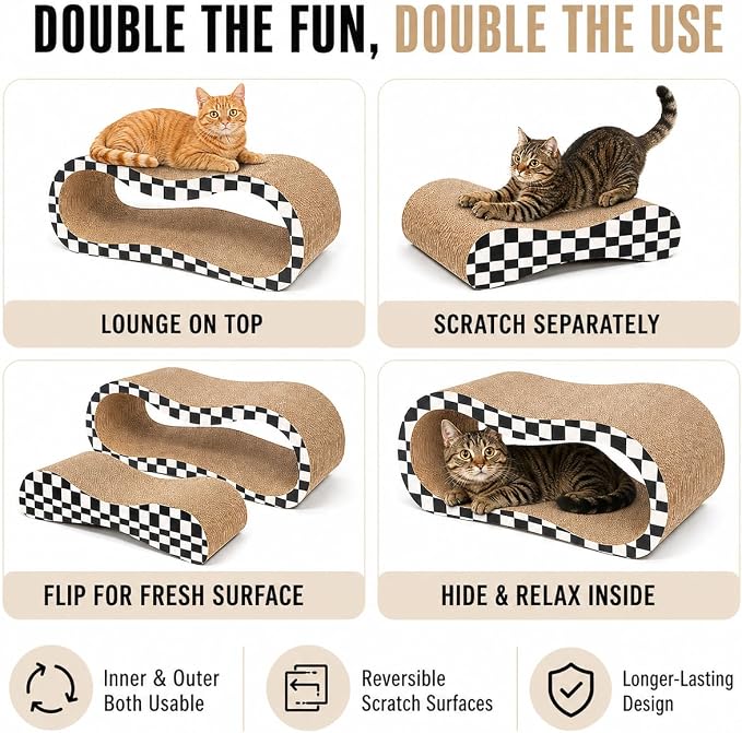 2 in 1 Large Cardboard Cat Scratcher Lounger, Cat Scratching Board for Indoor Cats, 100% Recyclable & Reversible Horizontal Scratching Pads Prevents Furniture Damage, Checkerboard - Image 7
