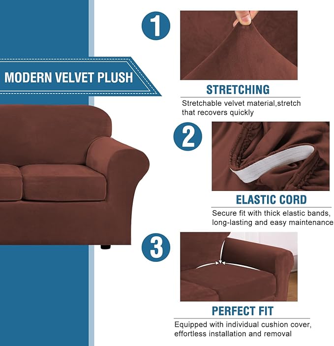 H.VERSAILTEX Rich Velvet Stretch 2 Piece Cover Chair Slipcover Sofa Cover Furniture Protector Couch Soft with Elastic Bottom Chair Couch Cover Width Up to 49 Inch (Chair, Burnt Brick) - Image 3