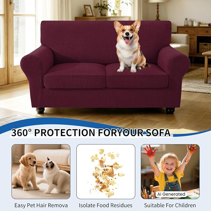 CYCMCAO 3 Piece Stretch Sofa Cover Couch Covers for 2 Cushion Couch, Loveseat Covers Stay in Place, Sofa Covers Washable with Elastic Bottom for Dogs (Burgundy), 71"-91" (2 Cushion Sofa) - Image 5