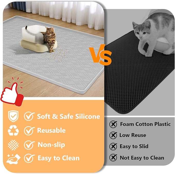 Silicone Cat Litter Mat 42" x 29" Cat Mat for Litter Box, Light Grey | Extra Large Cat Litter Trapping Mat for Floor, Waterproof, Non-Slip Kitty Litter Box Mat with Raised Edge, Easy to Clean - Image 3