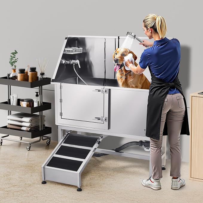 VEVOR Stainless Steel Dog Washing Station, 50 inch Pet Grooming Tub w/Ramp, PE Water Filter Board, Faucet & Showerhead & Soap Holder Dog Bathtub for Large & Medium & Small Pets (Left Door) - Image 8