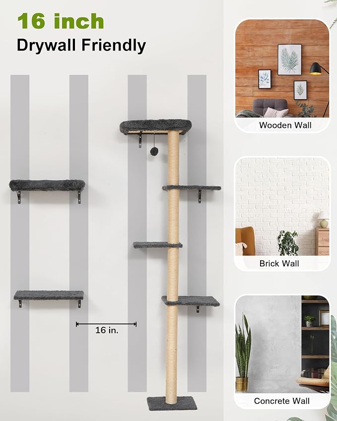 FUKUMARU Cat Wall Shelves Set, 70 inch Wall Mounted Tree, Grey | Kitten Scratching Post with Soft Cushion Perch, Space Saving Climbing Wall Furniture for 16 Inch Drywall - Image 7