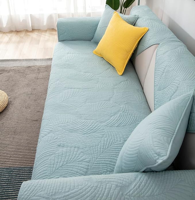 Solid Color Leaf Cotton Quilted Sofa Covers for 3 Cushion Couch Anti-Slip Soft Couch Cover for Dogs Pets Kids Recliner Loveseat L Shaped (Blue,28''x70'') - Image 5