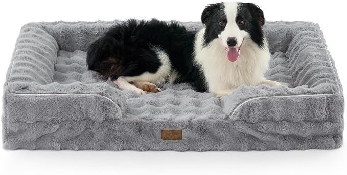 COZY KISS Orthopedic Dog Bed for Extra Large Dog, Soft and Warm Faux Fur Sofa for Giant Pet Up to 150 lbs, Foam Bolster Anti-Slip Couch with Washable Removable Cover, XXL 48x35x8 inch, Grey by COZYKISS