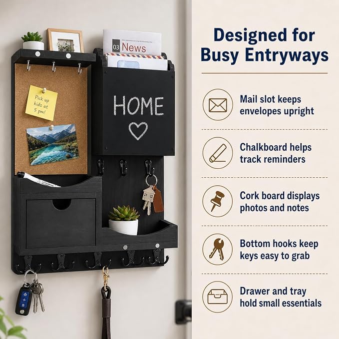 Key Holder Wall Mount, Mail Organizer Key Holder for Wall with Shelf, Drawer, Chalkboard, Corkboard, Home Decor Mounted for Room Entryway (Black) - Image 5