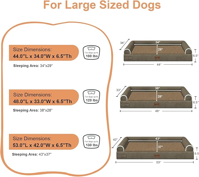 NANUYA Orthopedic Dog Bed for Jumbo Dogs, 48 x 33 Inch, Brown | Egg crate foam for joint support, 3-sided bolster pet sofa, waterproof lining, washable cover, and non-skid base - Image 6