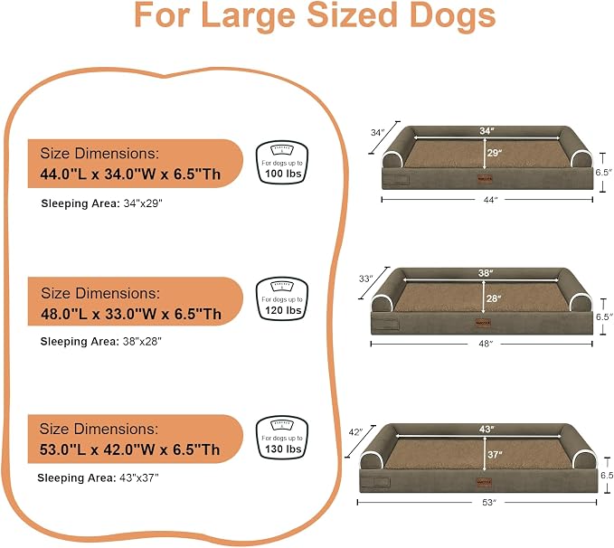 NANUYA Orthopedic Dog Bed for XX-Large Dogs, 44 x 34 Inch, Brown | Egg crate foam for joint support, 3-sided bolster pet sofa, waterproof lining, washable cover, and non-skid base - Image 6