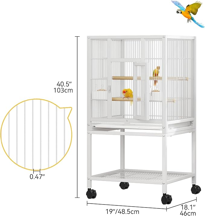 DWVO 41-inch Metal Bird Cage: Large Parrot Cages with Rolling Stand​ - Features Tray, Food Boxes & Wooden Perches for Parakeets, Lovebirds, Cockatiels, Finches and Pigeons, White - Image 2