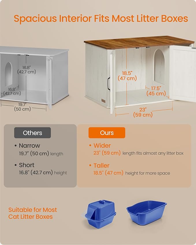 Feandrea Litter Box Enclosure, Modern Cat Litter Box Furniture Hidden, Front Entry, Double Doors, Handles, Cat House, Side End Table, 33.5 x 19 x 19.5 Inches, Honey Brown and Rustic White UPCL012K01 - Image 4