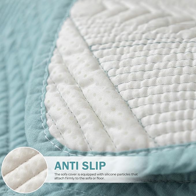 vctops Cotton Quilted Couch Covers for Sectional Sofa (Blue,28"x59") | Geometric Washable Non Slip Sofa Slipcover for Dogs, Children, Pets Furniture Protector Cover - Image 2