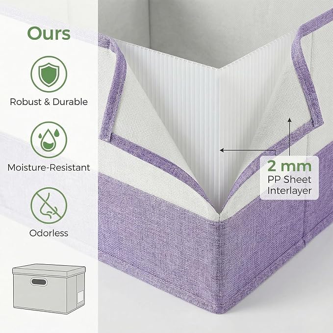 PRANDOM Storage Bins with Lids [3-Pack] Linen Fabric Foldable Storage Boxes Organizer Containers Baskets Cube with Cover for Bedroom Closet Office Purple&White（11.4X8.6X6.7 - Image 4