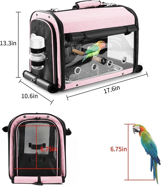 Bird Carrier Bag with Stand, Lightweight Backpack for Parrot, Portable Cockatiel Travel Cage with Accessories, Pet Transparent Breathable Carrier, Pink - Image 6