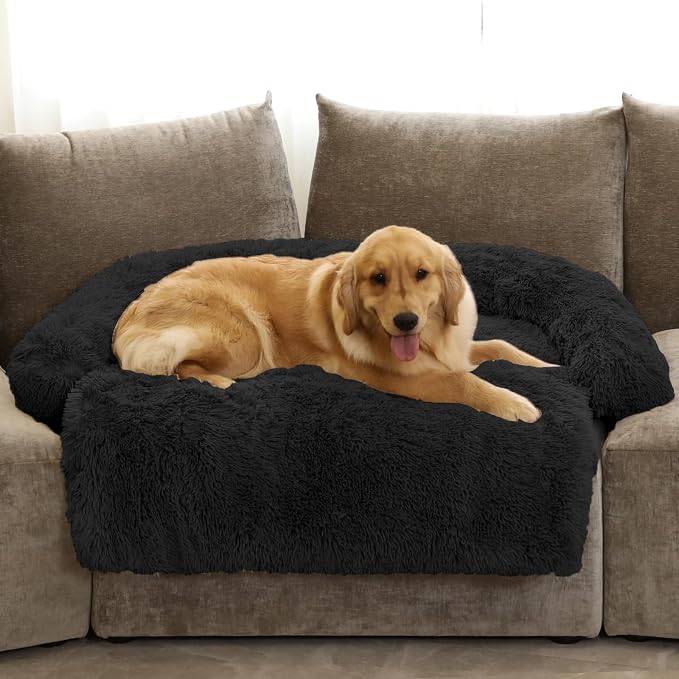 GGIB Calming Dog Bed Fluffy Plush Dog Mat for Furniture Protector with Removable Washable Cover for Large Medium Small Dogs and Cats (Extra Large (53x39.3x6), Black) by GGIB