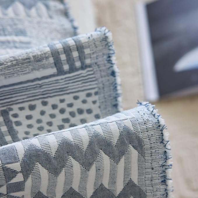 DREAMINGO Vintage Patchwork 3-Layer Gauze Geometric Jacquard Sofa Cover, Farmhouse Couch Cover Blanket for 2 Seater, Living Room Washable Furniture Protector, Denim Blue, 91"x118" - Image 6