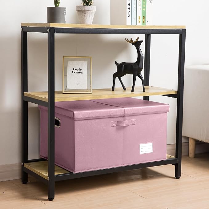 PRANDOM Collapsible Storage Box with Lid [3-Pack] Leather Fabric Foldable Storage Bin Organizer Container Basket Cube with Cover for Home Bedroom Closet Office Nursery Pink(22.8X15.7X11.8) - Image 2