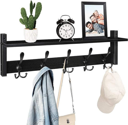 Homode Coat Rack with Shelf, 24" Coat Hooks Wall Mounted with Shelf | Wooden Hanging Coat Hanger with Tri Hooks for Entryway, Bathroom, Mudroom, Bedroom, Black by Homode