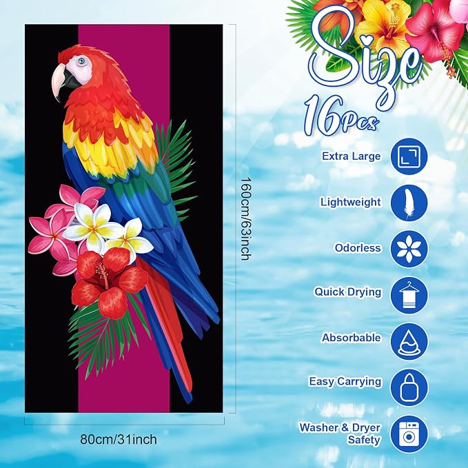 Redbaker 16 Packs 31 x 63 Inches Oversized Hawaiian Beach Towel Bulk Extra Large Pool Towels Set Microfiber Quick Dry Swim Towel Blanket for Women Men Adult Bath Travel(Vibrant Color) - Image 2