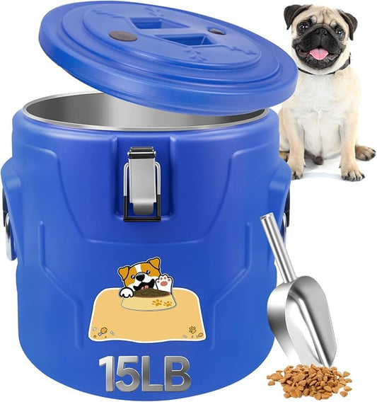 Newget 15lb Dog Food Storage Container, Stainless Steel Airtight Pet Food Storage Container and Durable Plastic Food Container, Large Metal Cat Food Container with Lid and Scoop to Keep Fresh by Newget