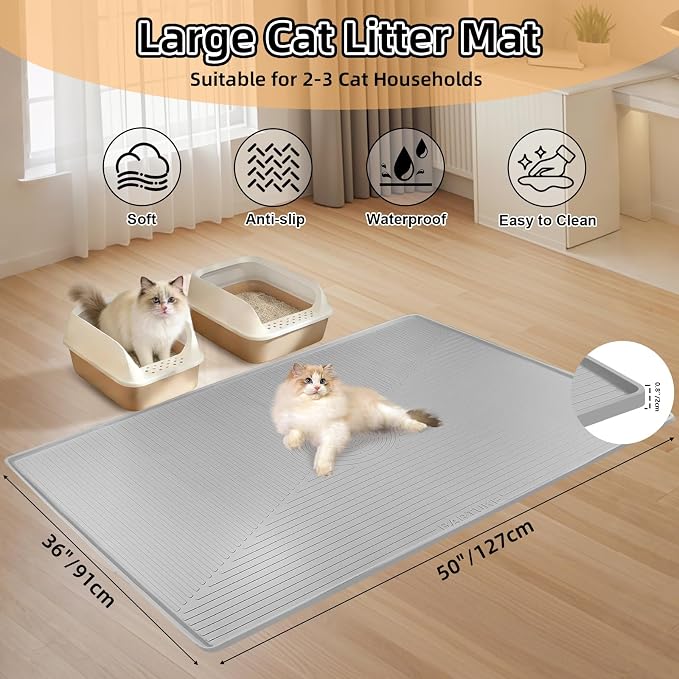 Silicone Cat Litter Mat 50" x 36" Cat Mat for Litter Box, Light Grey | Extra Large Cat Litter Trapping Mat for Floor, Waterproof, Non-Slip Kitty Litter Box Mat with Raised Edge, Easy to Clean - Image 2