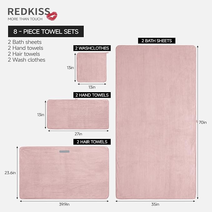 REDKISS Pink Microfiber Bath Towels Set 6 Piece - 70x35 Inches Bathroom Towels of 6 Large, Oversized Bath Towel with 2 Hair Towel Wrap, Highly Absorbent Soft Shower Towels for Bathroom, Hotel, Gym - Image 3