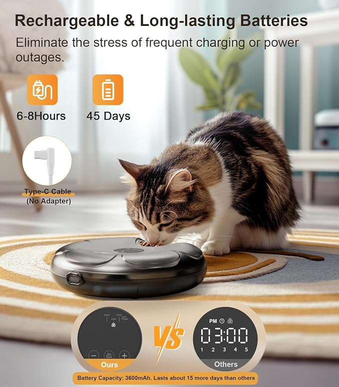 Casfuy Automatic Cat Feeder Cordless - Automatic Cat Food Dispenser with Stainless Steel Tray for Wet Food Rechargeable Auto Feeder for Cats Small Dogs with Programmable Timer Low Battery Indicator - Image 6