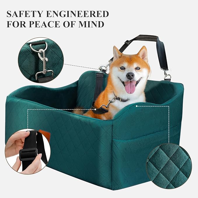 Dog Car Seat for Medium/Large Dogs,2 Clip-On Safety Leashs for 2 Small Dogs,Removable and Washable Comfy Pet Car Seat,Easy to Install and Clean (Green, Large)