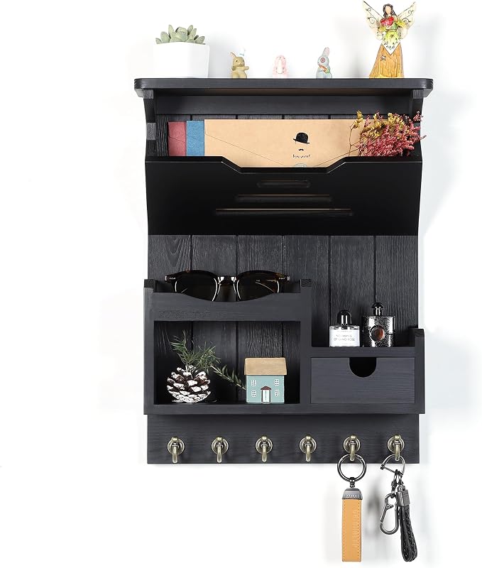 DOPACE Handcrafted Pine Wood Mail Organizer & Key Holder, Black | Hand-polished natural pine wood with storage drawer & 6 hooks, Fine spray paint finish, Easy wall mount - Image 2