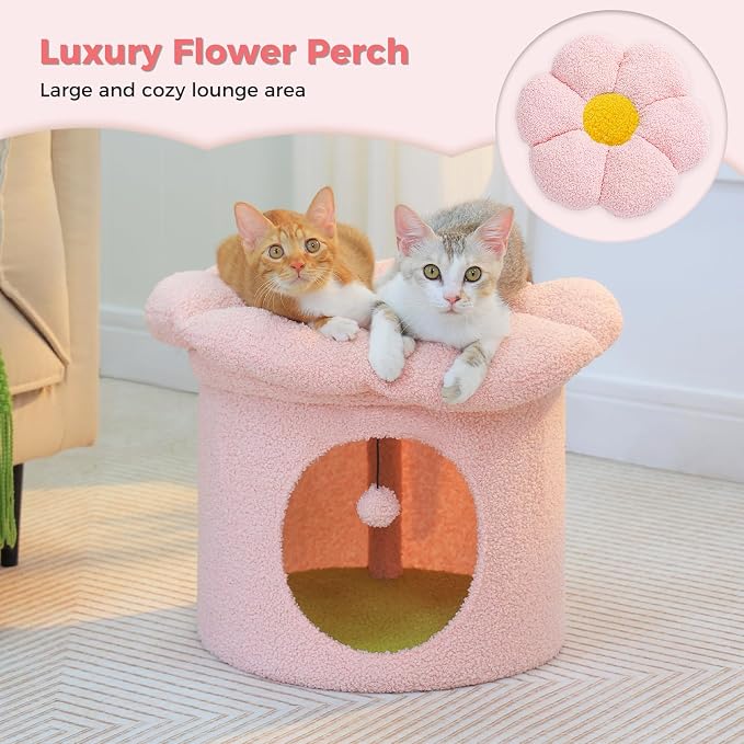 PETEPELA Cat Beds for Indoor Cats, Small Cute Cat Tree House with Removable Flower Cat Bed, Cat Hideaway, Indoor Cat House Condo, Cat Accessories, 20X20X16 Inches, Pink - Image 2