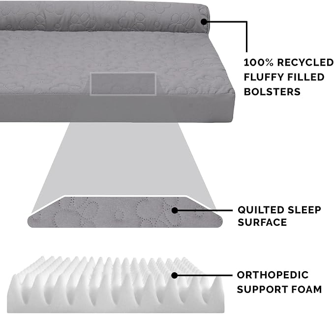 Furhaven Orthopedic Dog Bed for Large Dogs w/ Removable Bolsters & Washable Cover, For Dogs Up to 95 lbs - Pinsonic Quilted Paw L Shaped Chaise - Titanium, Jumbo/XL - Image 4