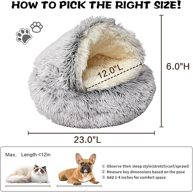 ShinHye Cozy Cat Bed - Round Plush Fluffy Hooded Cave, Indoor/Outdoor, Waterproof & Washable, Calming Anti-Anxiety Design - 23x23 Inch, Grey - Image 2