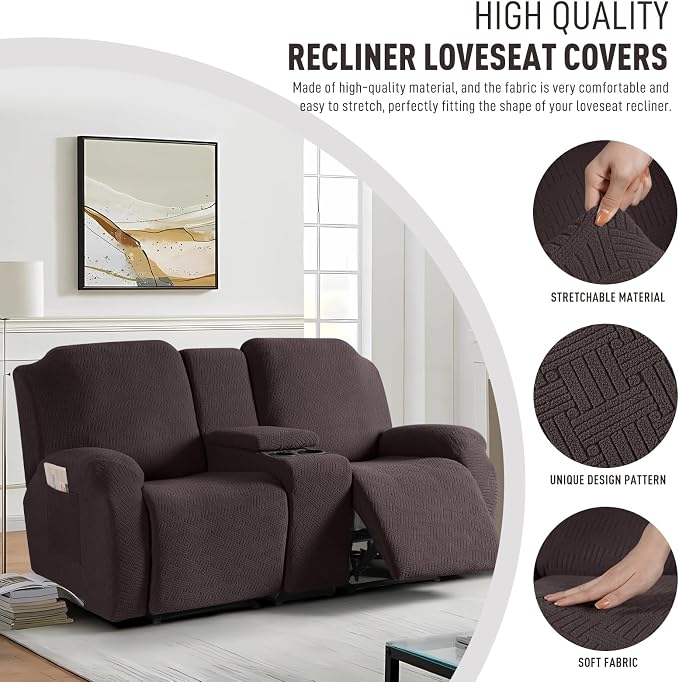 KinCam Loveseat Recliner Covers with Middle Console Slipcover, Chocolate | Stretch Recliner Sofa Covers for 2 Seat Couch Cover, Jacquard Furniture Protector Covers with Elastic Bottom for Kids, Pets - Image 2
