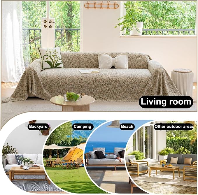 ROOMLIFE Boho Beige Couch Cover for Dogs, Washable Non Slip Furniture Protector Couch Sofa Covers for 3 Cushion Couch, Soft Chenille Couch Cover Throw Blanket with Tassels 71''X134'' - Image 5