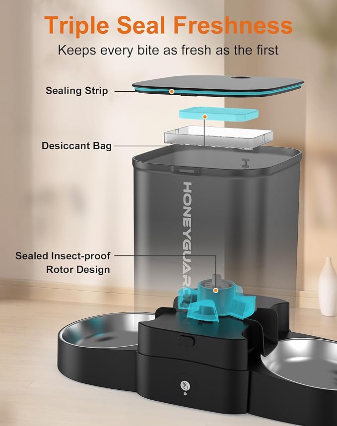 HoneyGuaridan Automatic Cat Feeder for 2 Cats, 2.4/5G WiFi Smart Feed Pet Feeder with Stainless Steel Bowl,APP Control Dispenser, Dual Power Supply,Desiccant Bag,10s Meal Call Black - Image 4