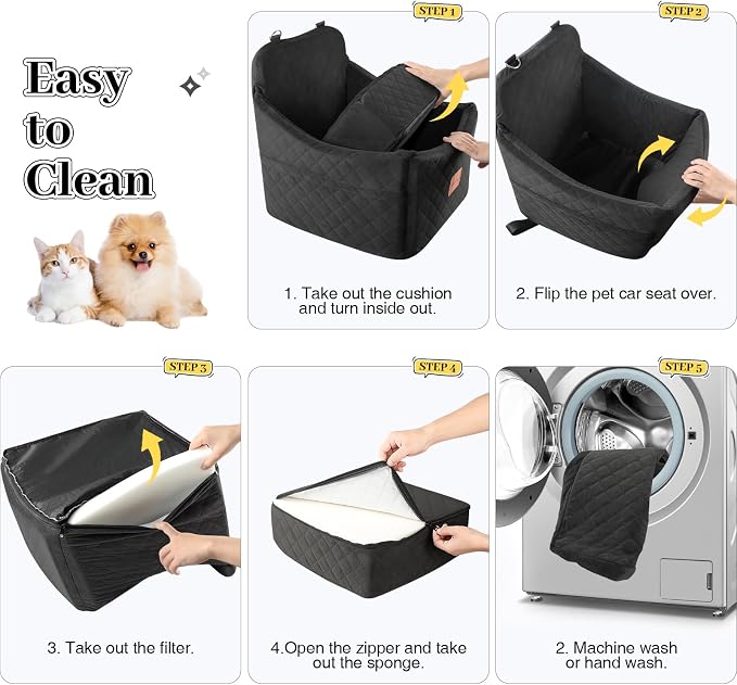 Small Dog Car Seat, Memory Foam Dog Booster Car Seats with Thick Cushion for Medium Dogs Under 35lbs, Detachable Washable Pet Seat with Storage Pockets,2 Safety Belts (Black, Medium) - Image 5