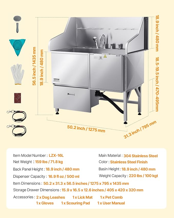VEVOR Professional 304 Stainless Steel Dog Bathing Station, 50 inch Pet Grooming Tub w/Anti-Slip ramp, Storage Drawer, Cold Hot Faucet Showerhead, for Large & Medium & Small (Right Door, with Drawer) - Image 7