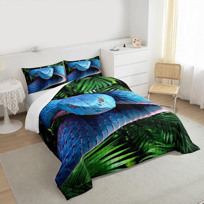 Erosebridal Snake Comforter Set Queen, Blue Snake Duvet Set, 3D Reptile Bedding Comforters, Blue Scales Quilt Set, Palm Leaf Wild Animal Stylish Quilted Duvet for Kids Boys Teens Man Bedroom Decor - Image 3