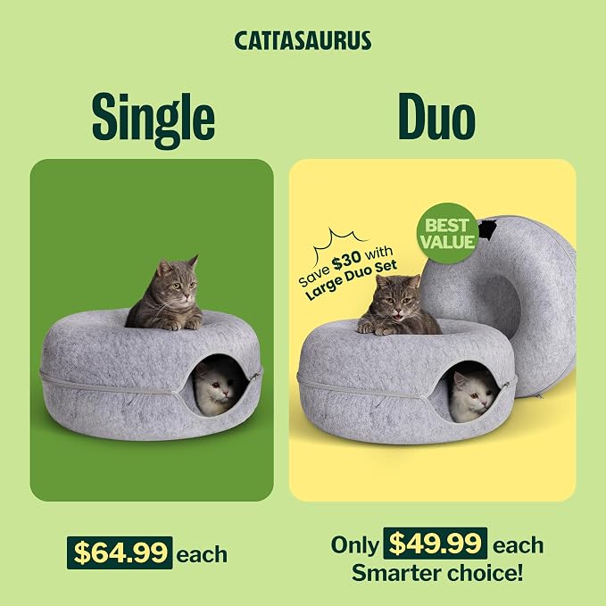 Cattasaurus Peekaboo Cat Cave Donut for Multiple & Large Cats up to 30-45 lbs, 3-in-1 Self Warming Cat Bed, Tunnel & Scratcher for Indoor Cats, Washable & Detachable (Light Gray + Light Gray, Large) - Image 2