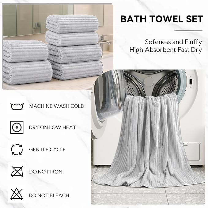 Extra Large Bath Towel Set 10 Piece, XL Bath Towels 35"x67" Oversized Bath Sheets, 280 GSM Microfiber Quick Dry Absorbent Towels, 5 Bath Sheets & 5 Hand Towels (Light Gray) - Image 6
