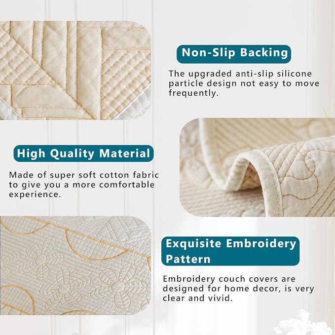 KRFOONN Cotton Quilted Dog Couch Cover for Sofa (01, 2PC 27.6" x 27.6") | Farmhouse Embroidery Sectional Couch Cover Washable, Soft Non Slip Sofa Slipcover Cushion Furniture Protector for Kids, Pets - Image 3