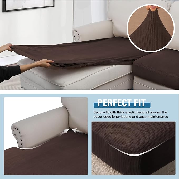 H.VERSAILTEX Velvet Stretch Sectional Couch Covers - 4 Pieces Sofa Seat Cushion Covers L Shape Separate Cushion for Both Left/Right Couch (Large Sofa 3 Seater + 1 Chaise, Brown Striped) - Image 4