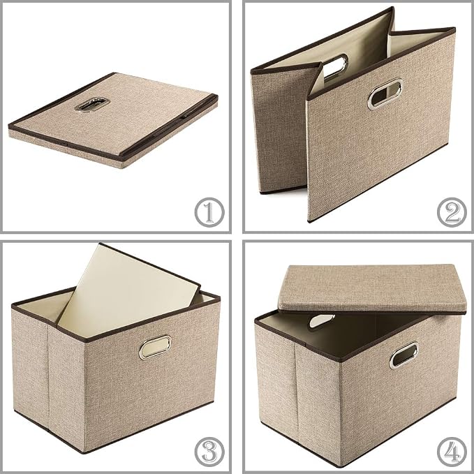PRANDOM Large Collapsible Storage Bins with Lids [3-Pack] Jute Fabric Foldable Storage Boxes Organizer Containers Baskets Cube with Cover for Home Bedroom Closet Office Nursery (17.7x11.8x11.8) - Image 5