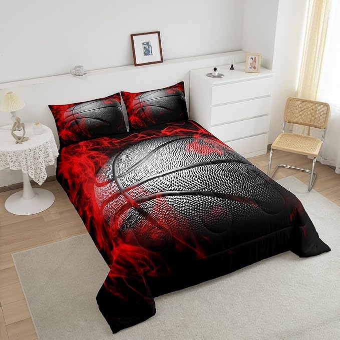 Homewish Basketball Comforter Set King Size Black Basketball Print Bedding Set 3pcs for Kids Boys Girls Teens Adults Gamer Bedroom Decor,Ball Gaming Sports Theme Duvet Insert with 2 Pillowcases - Image 4