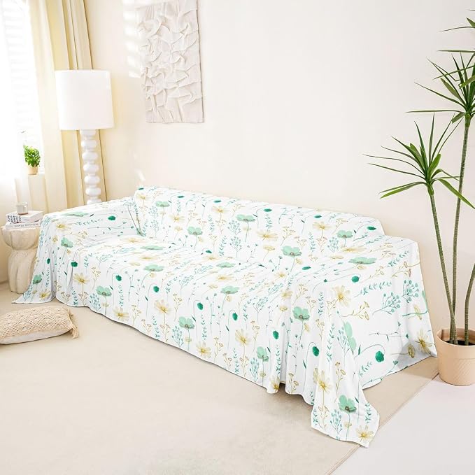 Erosebridal Watercolor Floral Sofa Cover Mint Green Beige Flower Couch Cover Modern Minimalist White Sofa Slipcover for Pets, Kids, Dog Rustic Farmhouse Washable Non Slip Couch Protector 71" X 150" - Image 2