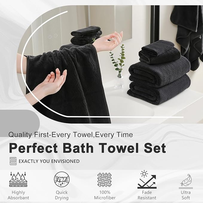8 Piece Bath Towel Set Black|2 Oversized Large Bath Sheet,2 Hand Towels,4 Washcloths| Ultra Soft Cozy Bath Towel Set for Bathroom Hotel Gym Spa,Highly Absorbent & Quick Dry Bathroom Towel Collections - Image 6