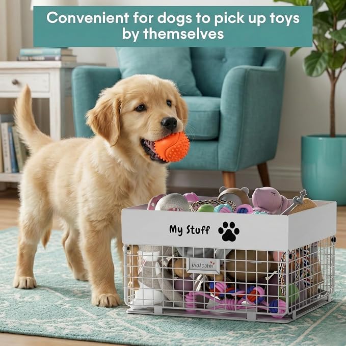 qeerable Dog Toy Box- Metal Toy basket for Dog - Dog Toys Storage Bin for Pet - Personalized Large Dog Toys Basket for Puppy and Pet- White Chew Resistant Dog Toy Chest & Organizer - Image 7