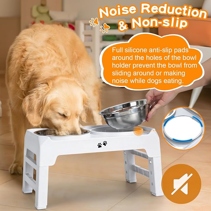 COMESOON Elevated Dog Bowls, 4 Height Adjustable Raised Bowl Stand with 2 Thick 50oz Stainless Steel Food Bowls Non-Slip Feeder Adjusts to 3.7'', 9.2'', 10.75'', 12.36'' White - Image 5